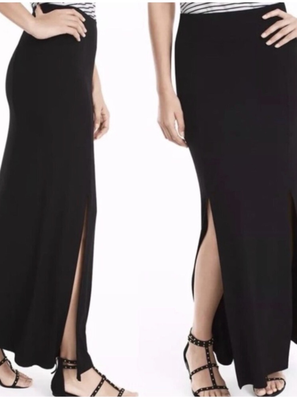 WHITE HOUSE BLACK MARKET WHBM Knit Maxi Skirt Solid Black Elastic Waist 2 Slits